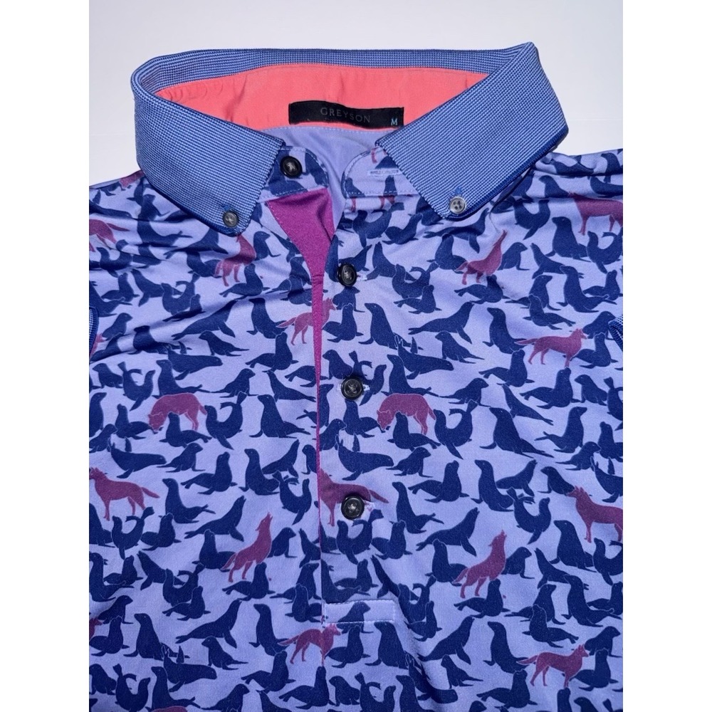 Greyson Mens M Golf Performance Short Sleeve Shirt Seal and Wolf Print Stretch